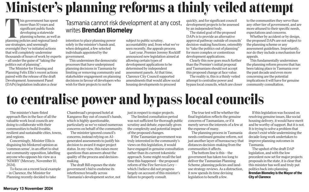 Mercury Opinion Piece: Minister's planning reforms a thinly veiled attempt to centralise power and bypass local councils